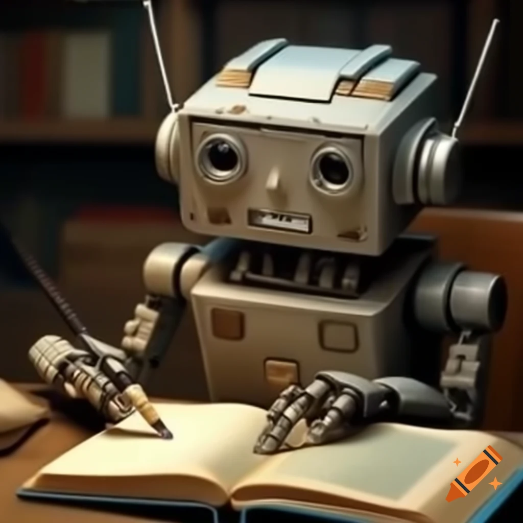 Robot writing a book with pen and paper on Craiyon