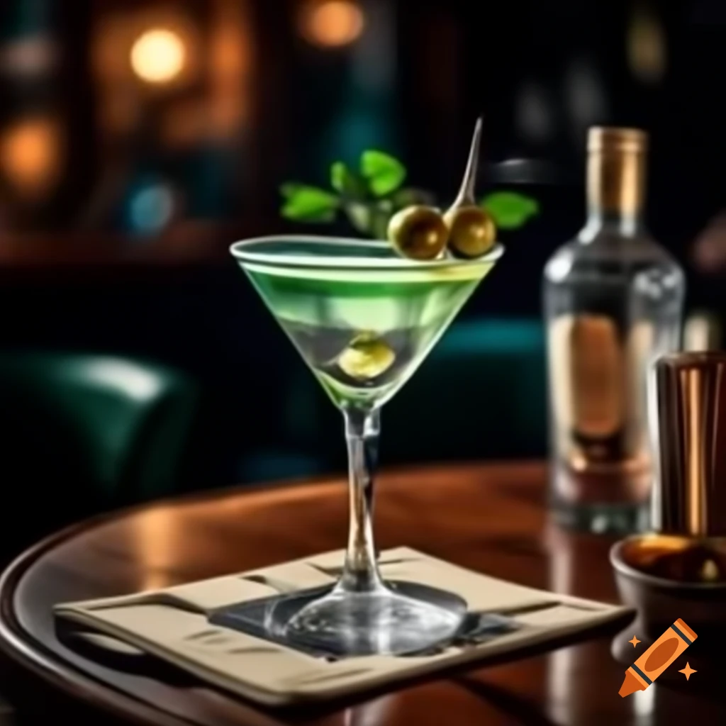 Photo-realistic dirty martini with goat cheese-stuffed olives in classic coupe glass