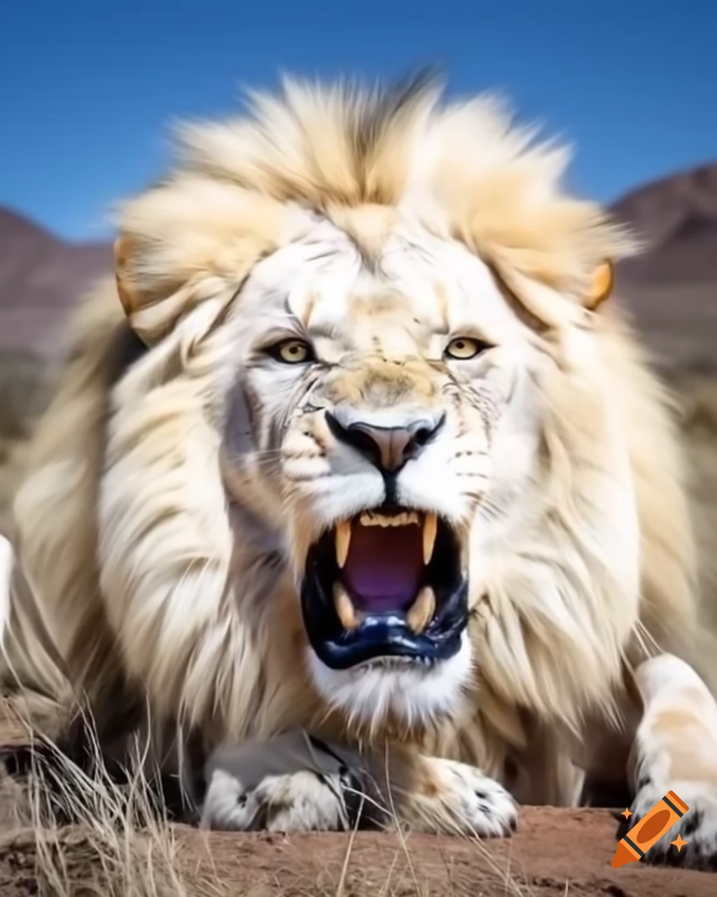 Angry white lion front view photograph