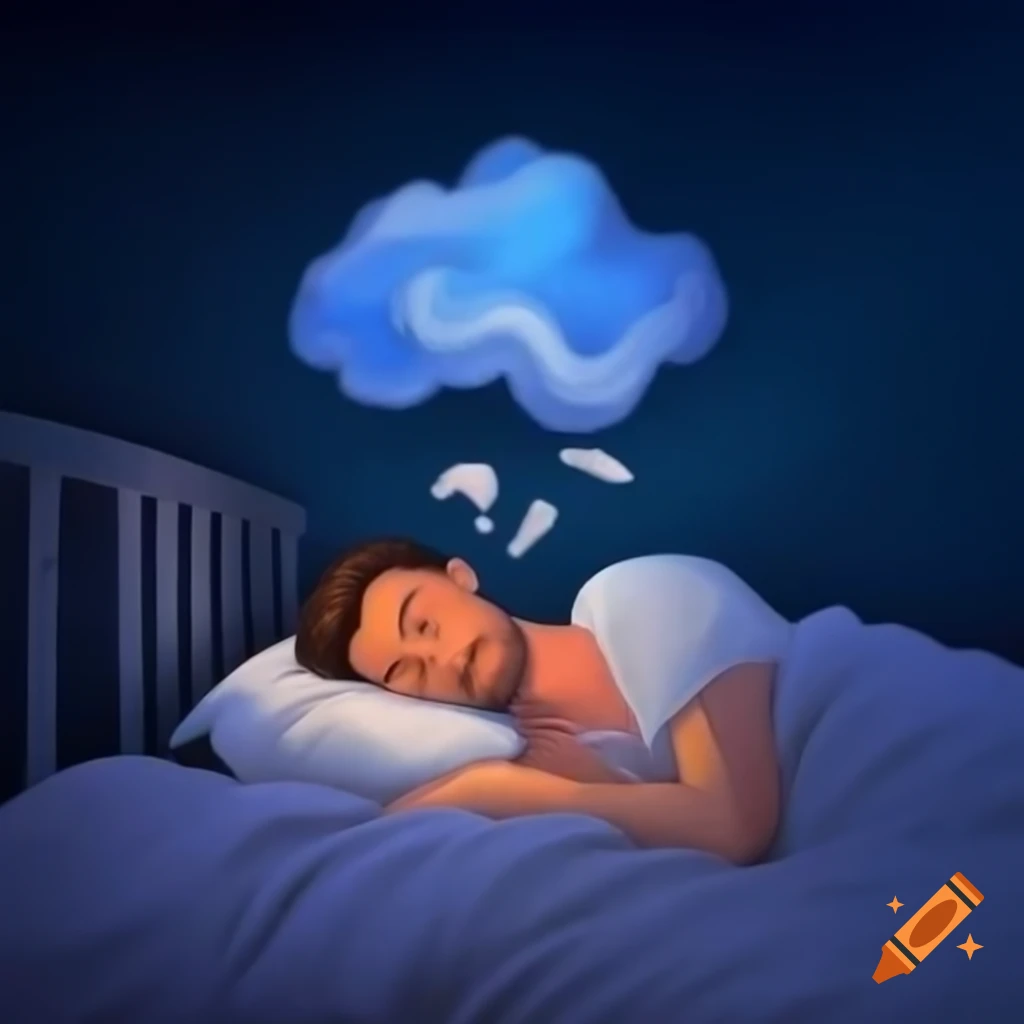 Man tossing and turning in bed with swirling fluffy cloud above