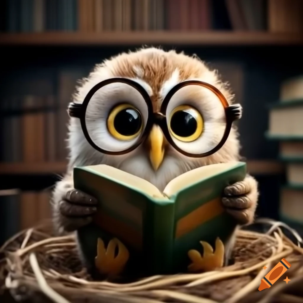 Baby owl wearing glasses reading a book in its nest