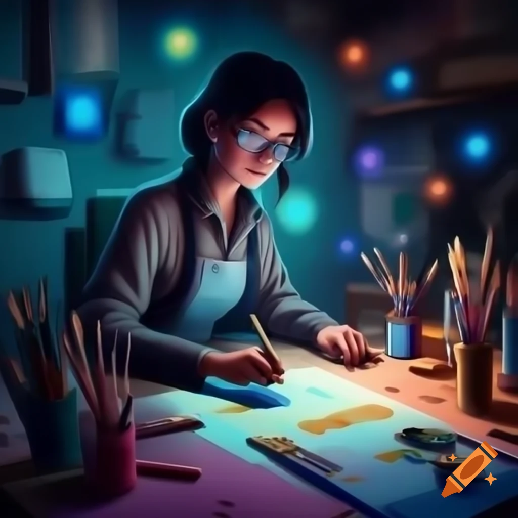 Colorful illustration of artist using AI with paintbrushes and holographic effects
