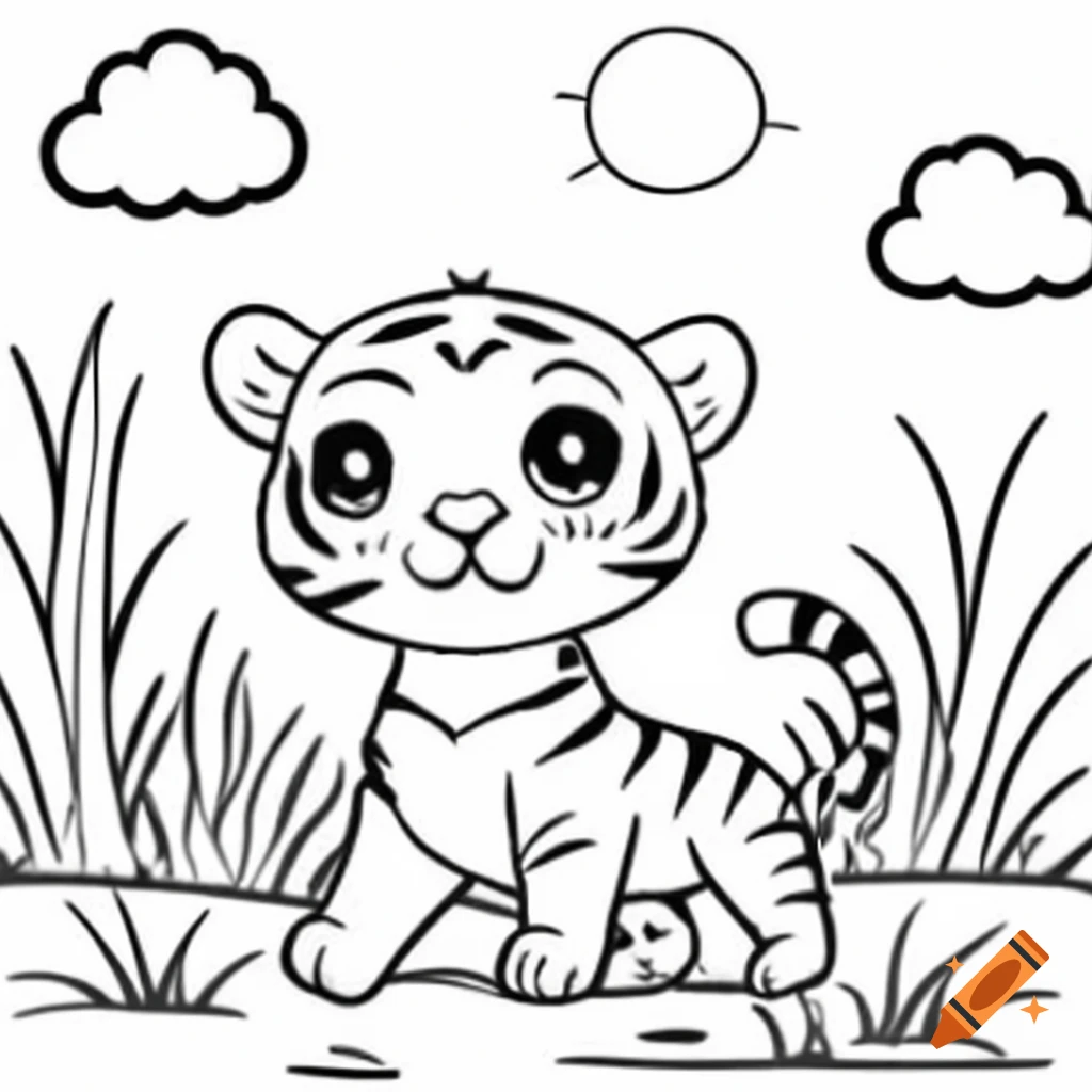 Friendly tiger walking through grass, black and white coloring book illustration
