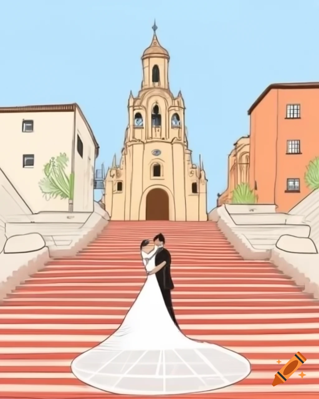 Line illustration of Spanish Steps with bride and groom embracing on Craiyon, image size:1024x1280