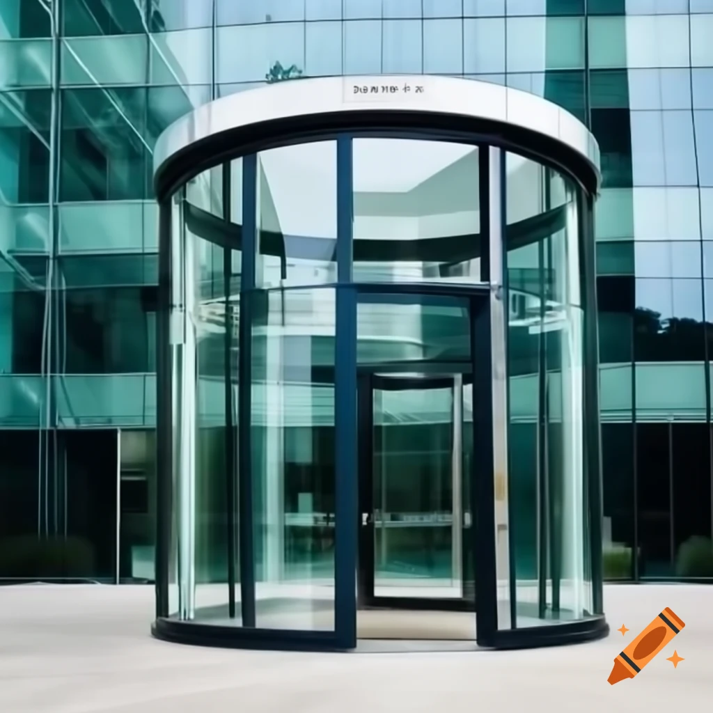 Revolving glass door at corporate building entrance