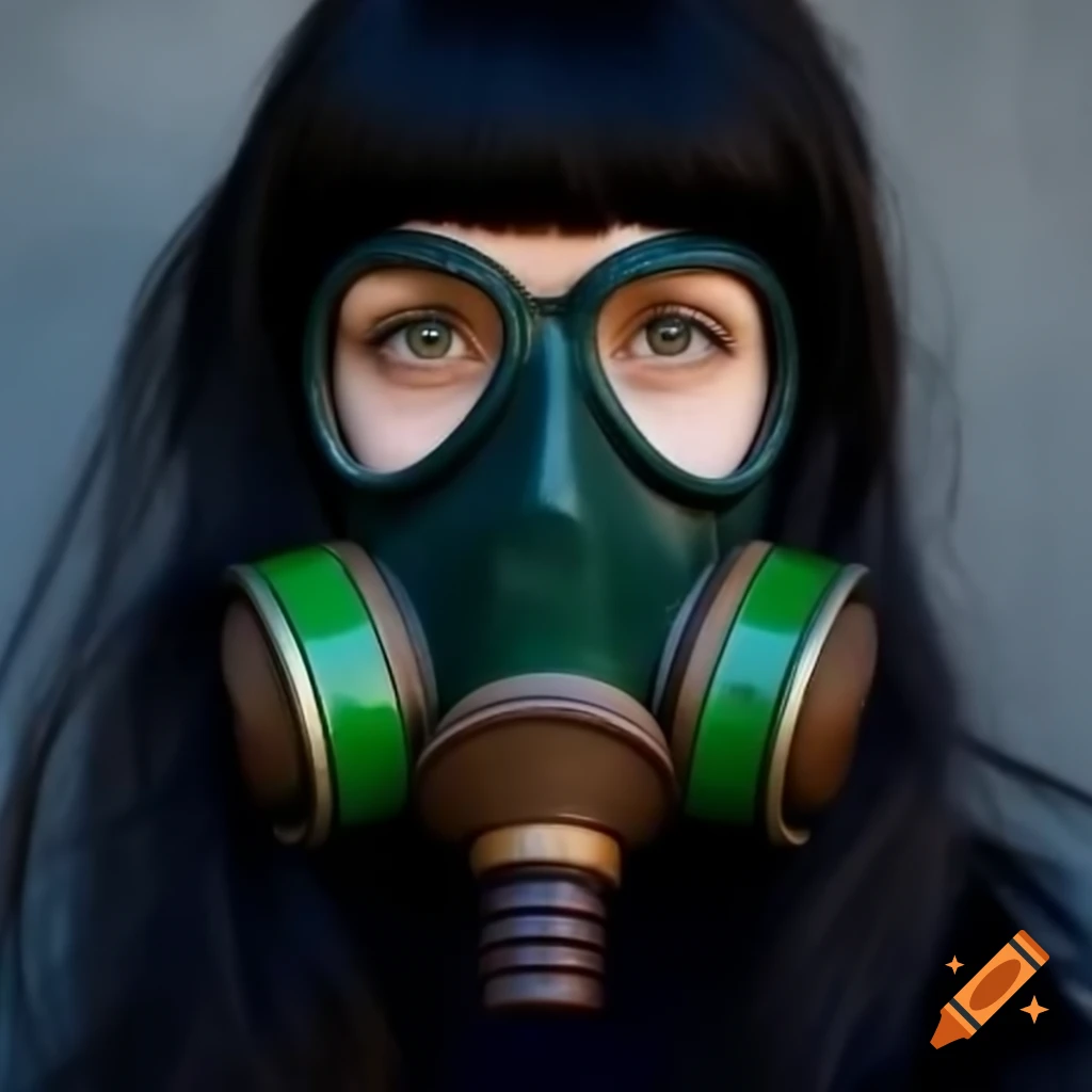 Vintage model with black hair wearing dark green gas mask