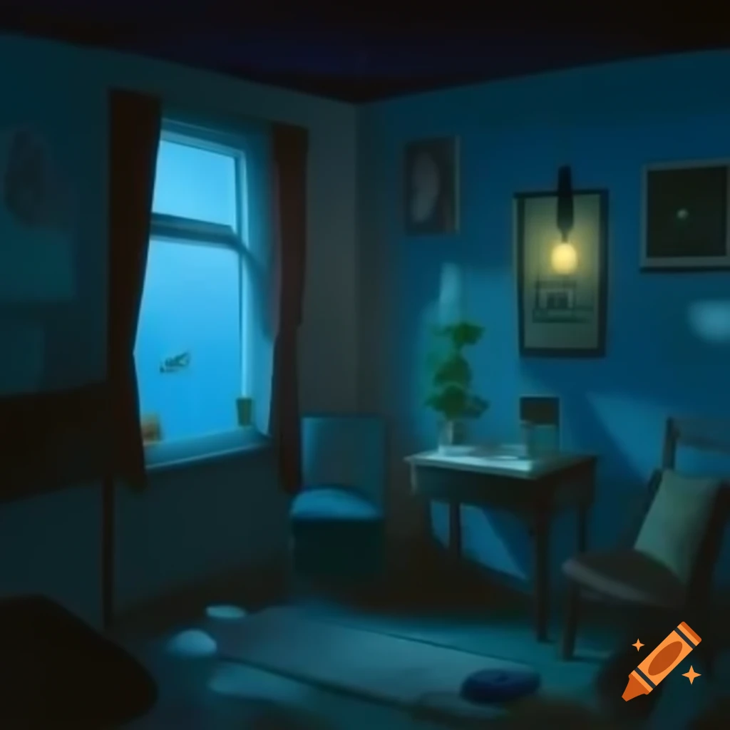 Cozy vintage room with soft lighting and rainy street view at night