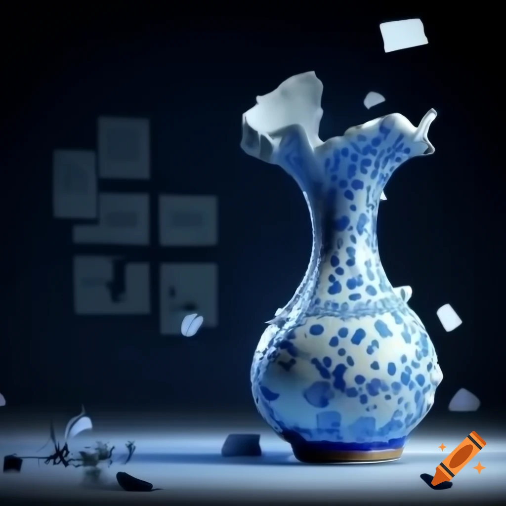 Digital art of broken blue and white ceramic vase with floral patterns