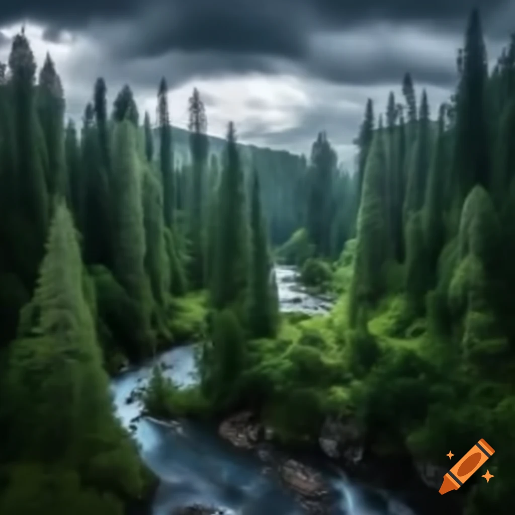 Beautiful valley with forest and river, sharp focus on Craiyon