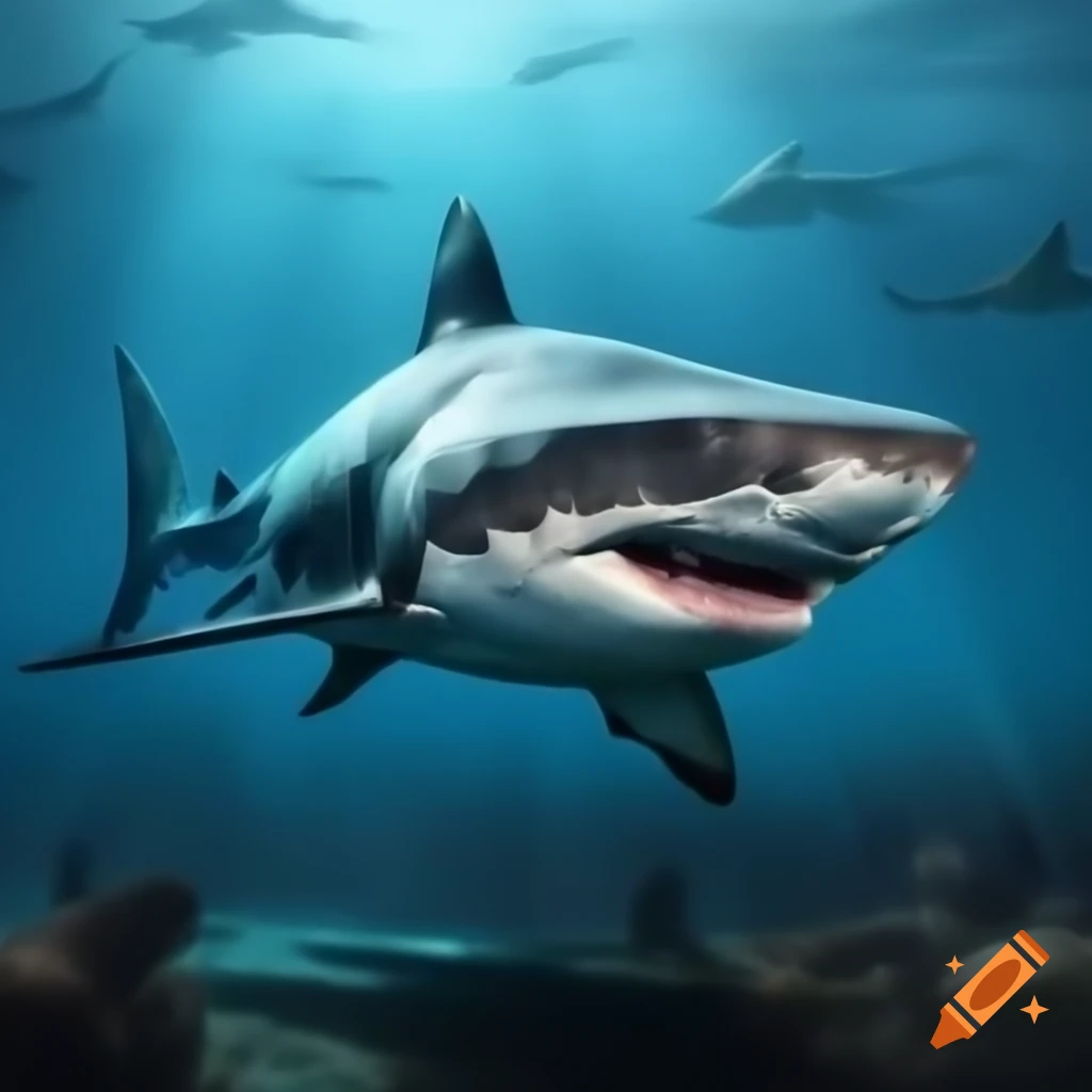 Ancient shark in prehistoric waters surrounded by marine life and timeline to modern sharks