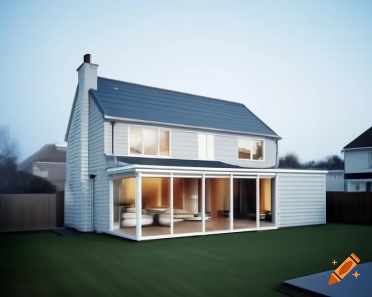 Modern two-storey house with flat roof and large bay windows, sunny south-facing design