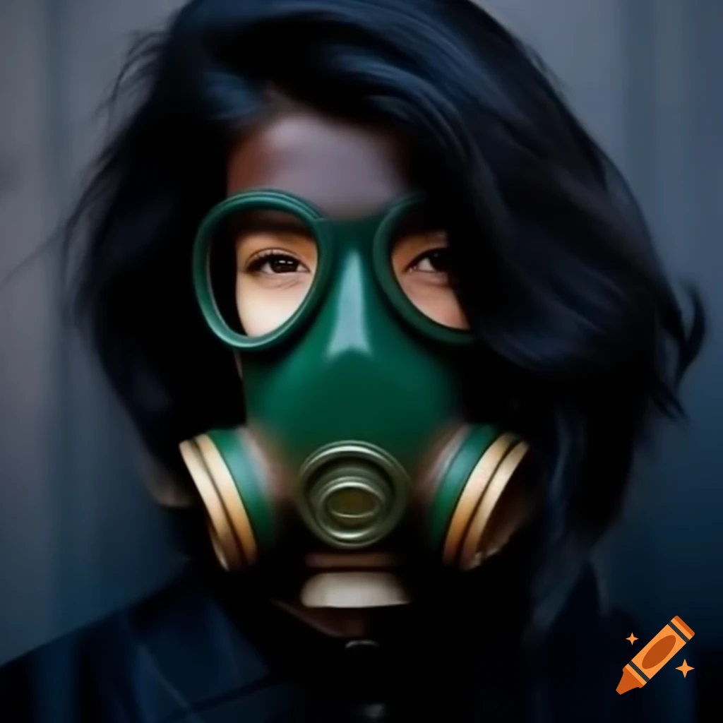 Vintage model with black hair wearing dark green gas mask
