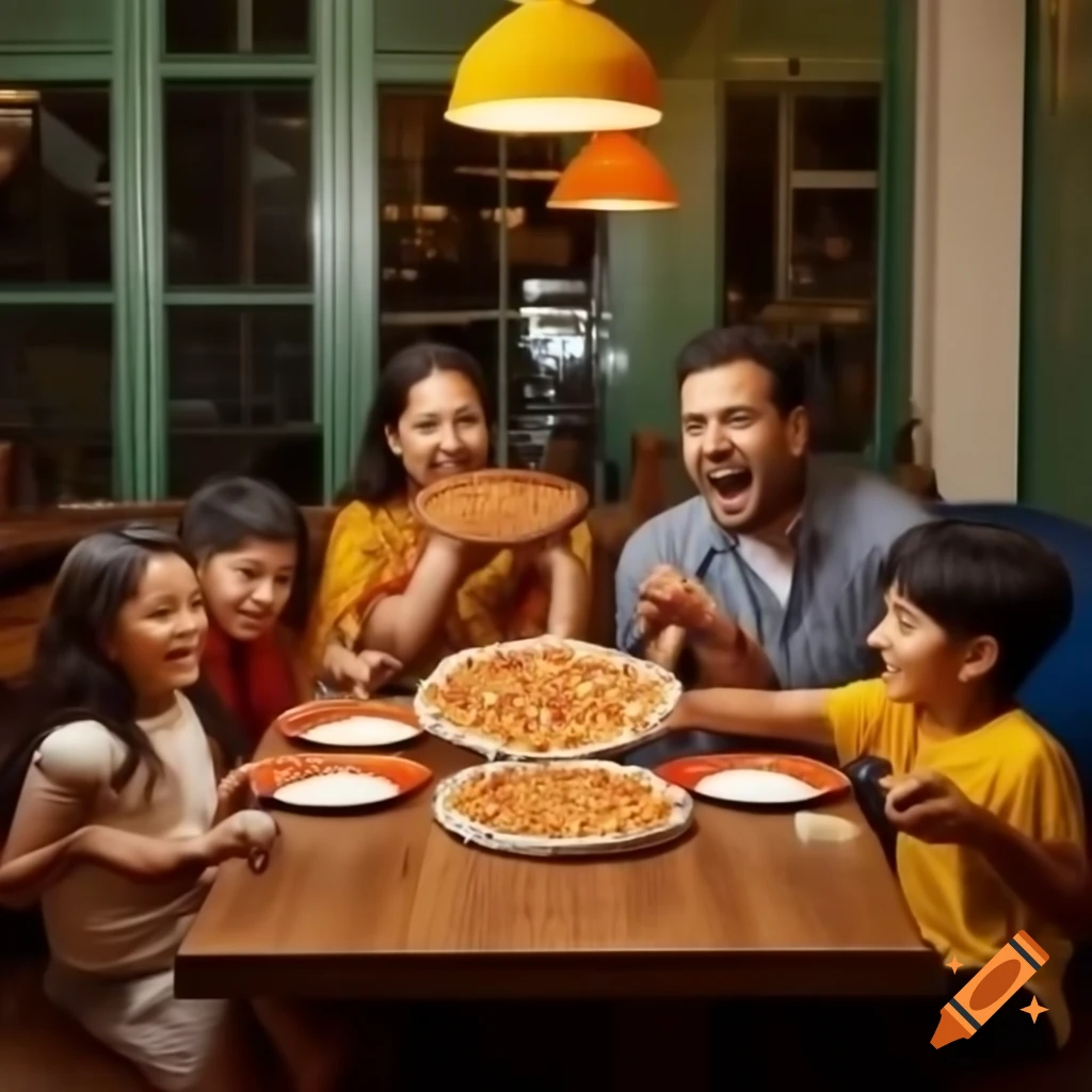 Indian family enjoying pizza at a vibrant restaurant table