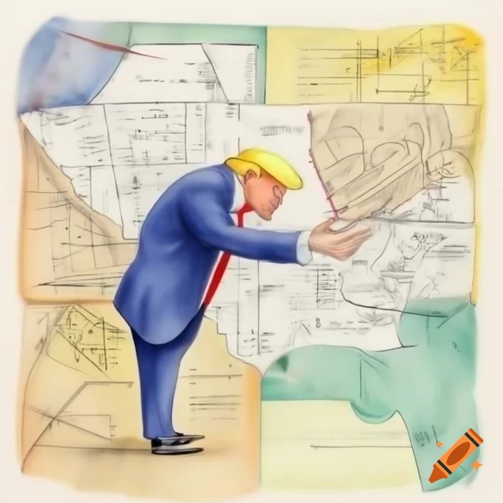 Sketch of Donald Trump creating a map, possibly for a strategic plan or whimsical expedition