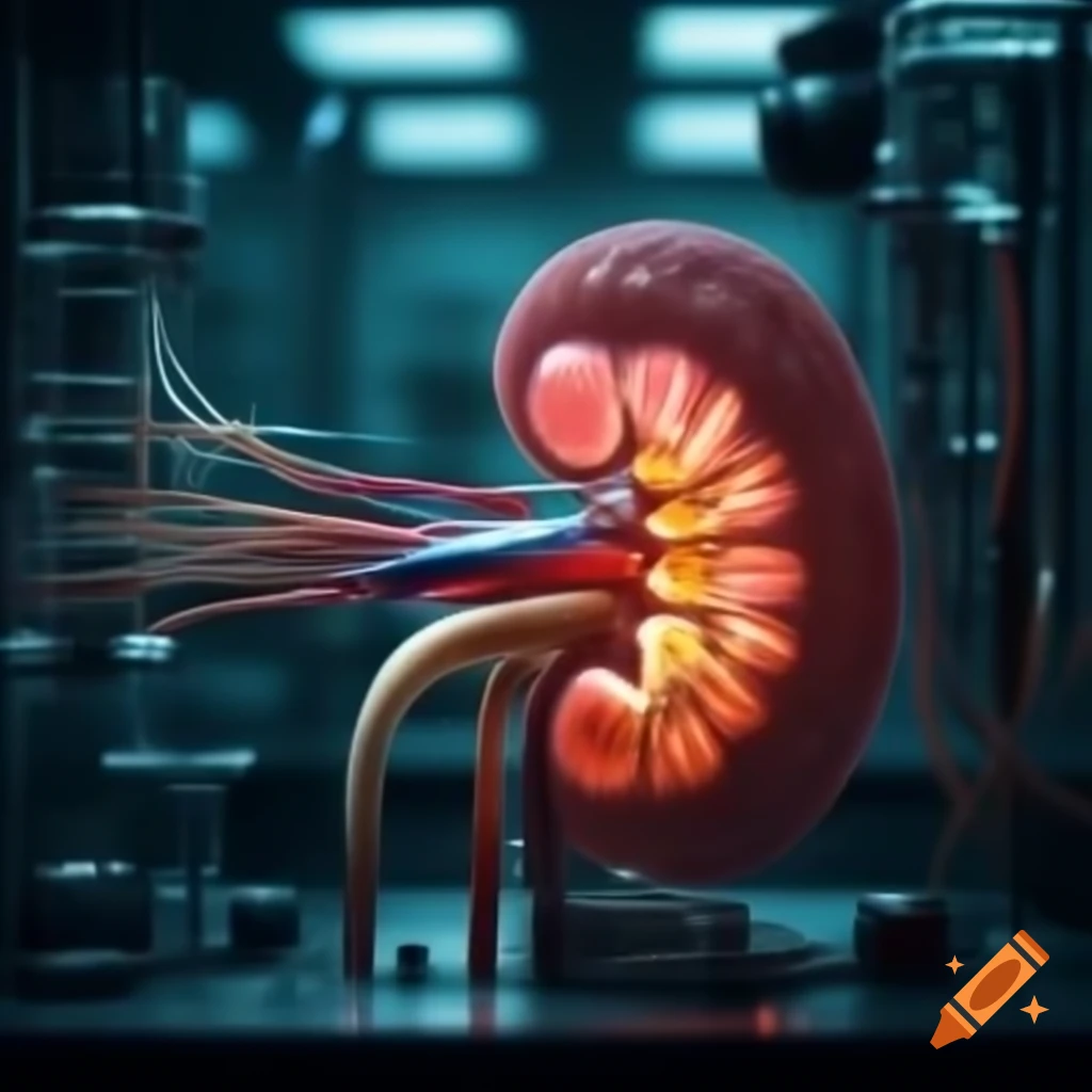 Futuristic kidney with electronics in laboratory setting