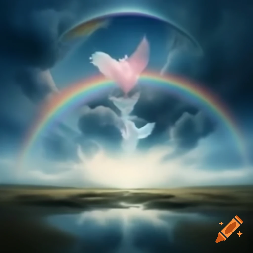 Surreal scene blending breaking, bird, and rainbow into a dreamlike narrative