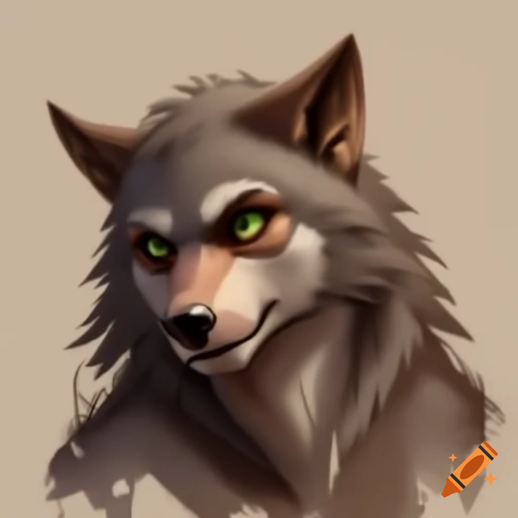 Close-up of a female werewolf with light brown fur and green eyes