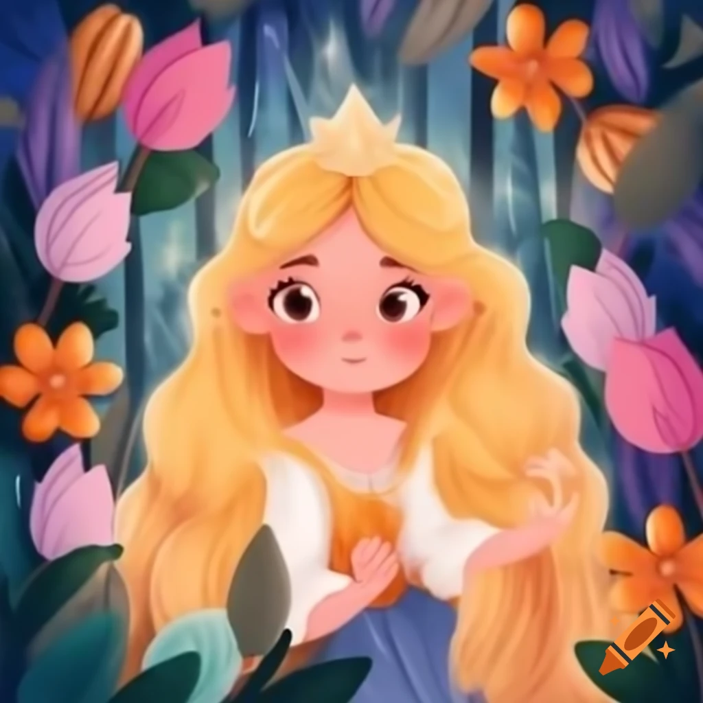 Princess Amelia with hazel eyes and honey-blonde hair in enchanted forest with magical blooms