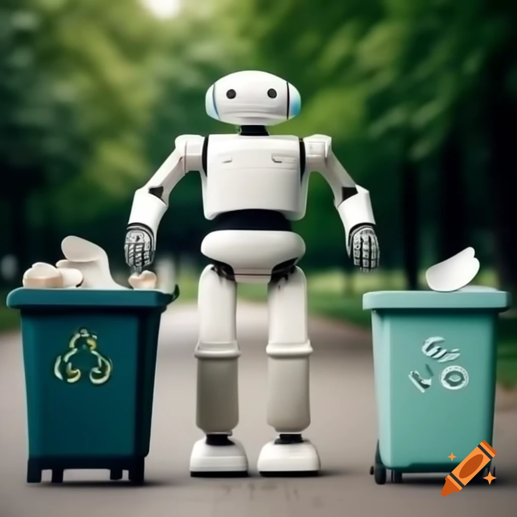 Semi-humanoid robot scanning trash for recycling in a park