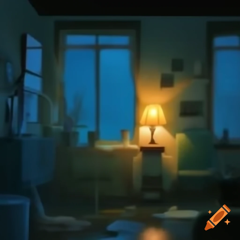 Cozy dimly lit room with vintage decor and rainy street view at night