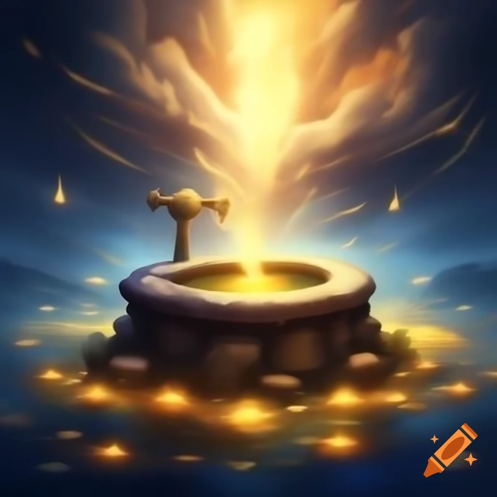 Magical Well of Wishes surrounded by golden stardust glowing in the sky