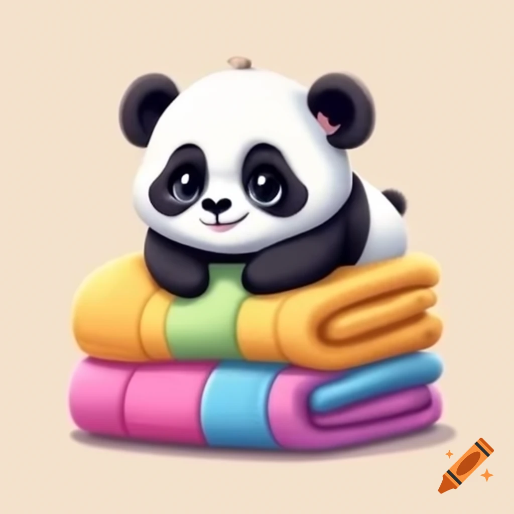 Cartoon baby panda holding stack of folded towels