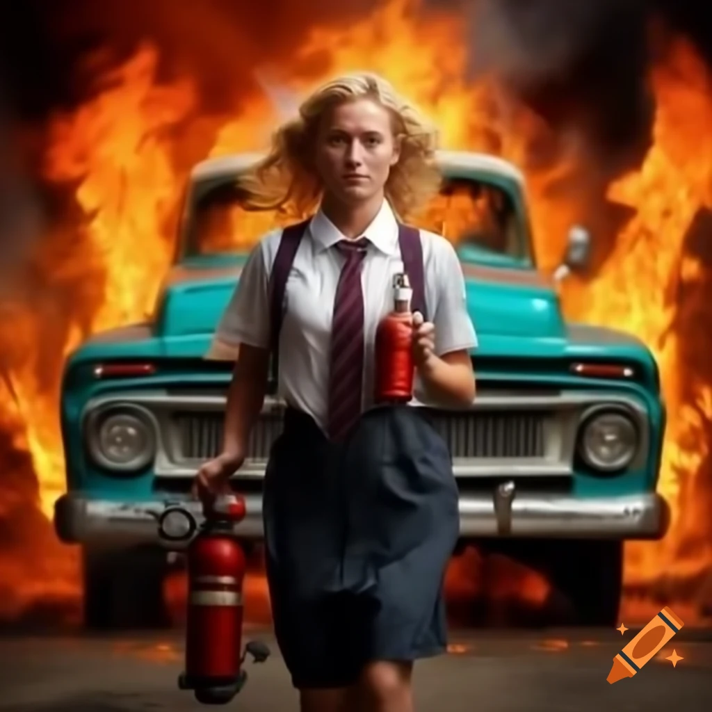 Blond school teacher with fire extinguisher approaching vintage turquoise pickup on fire
