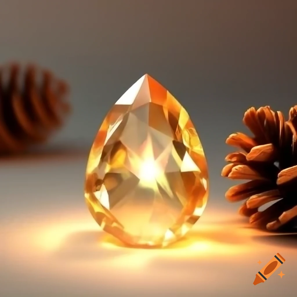 Clear gemstone resembling a pine cone illuminated by golden light