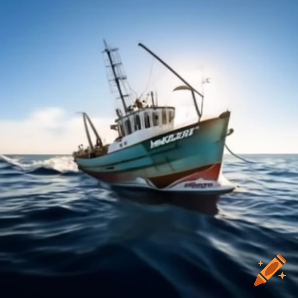 Weathered fishing trawler bobbing on ocean waves