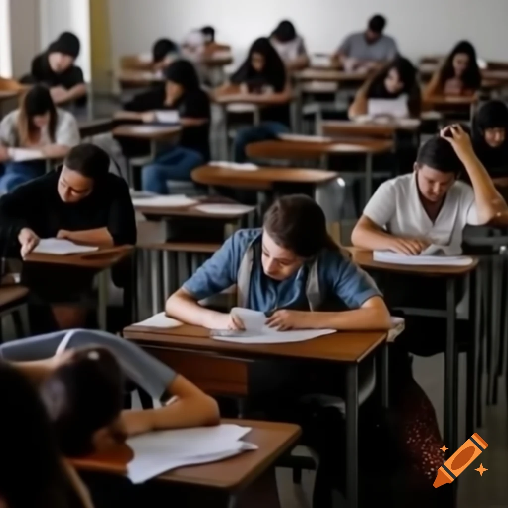 Students taking standardized tests in exam environment, some looking ...