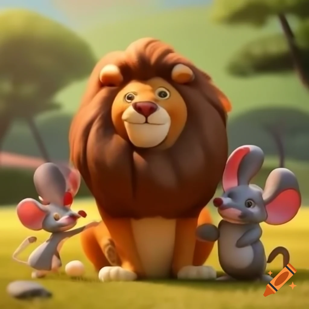 Lion and mouse friendship story illustration