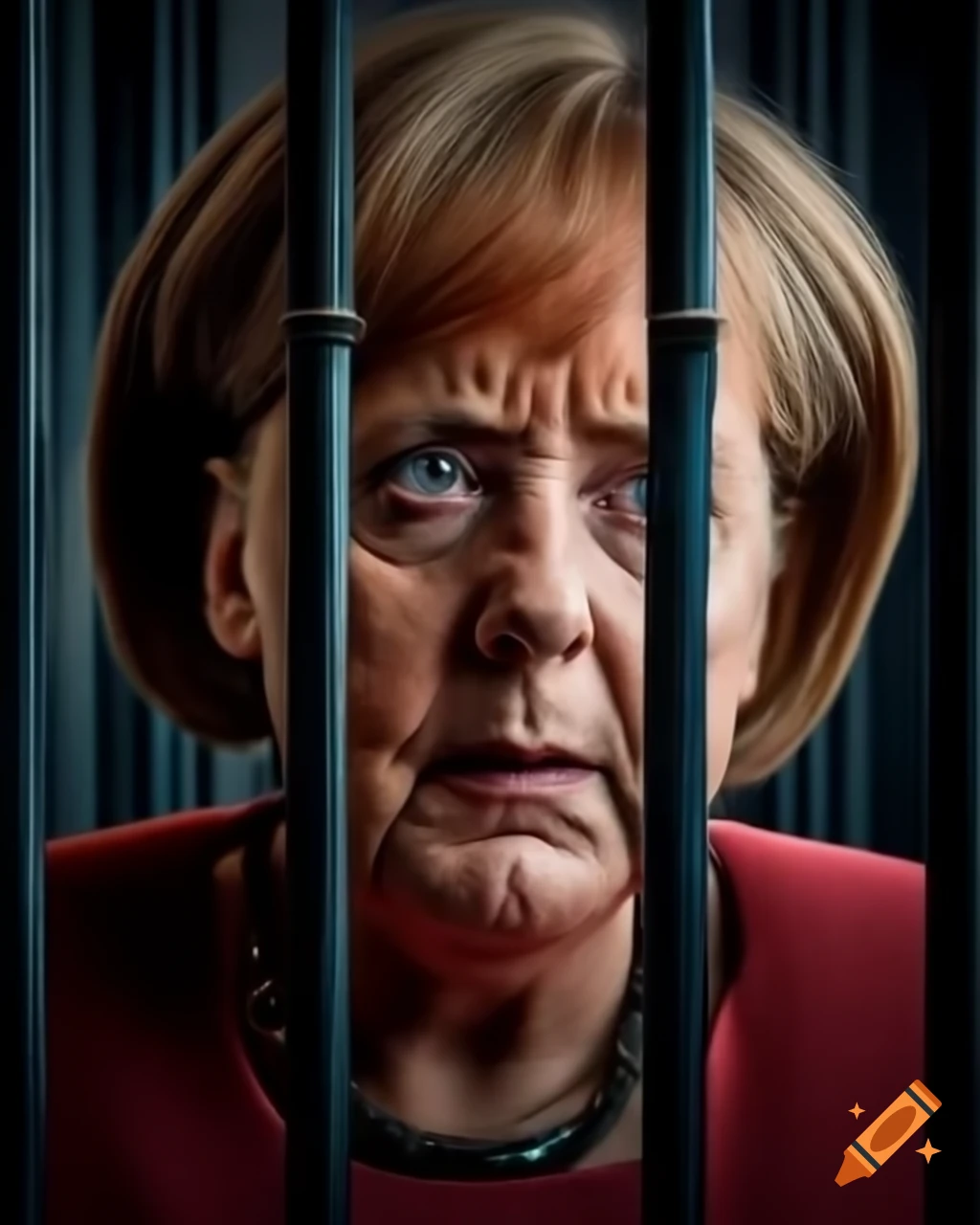 Hyperrealistic portrayal of a worried woman resembling a political figure behind bars