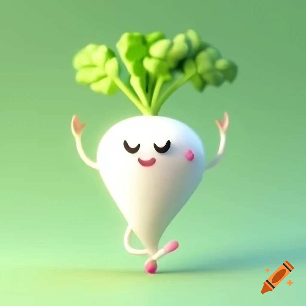 3D cartoon girl made of white radish performing yoga pose