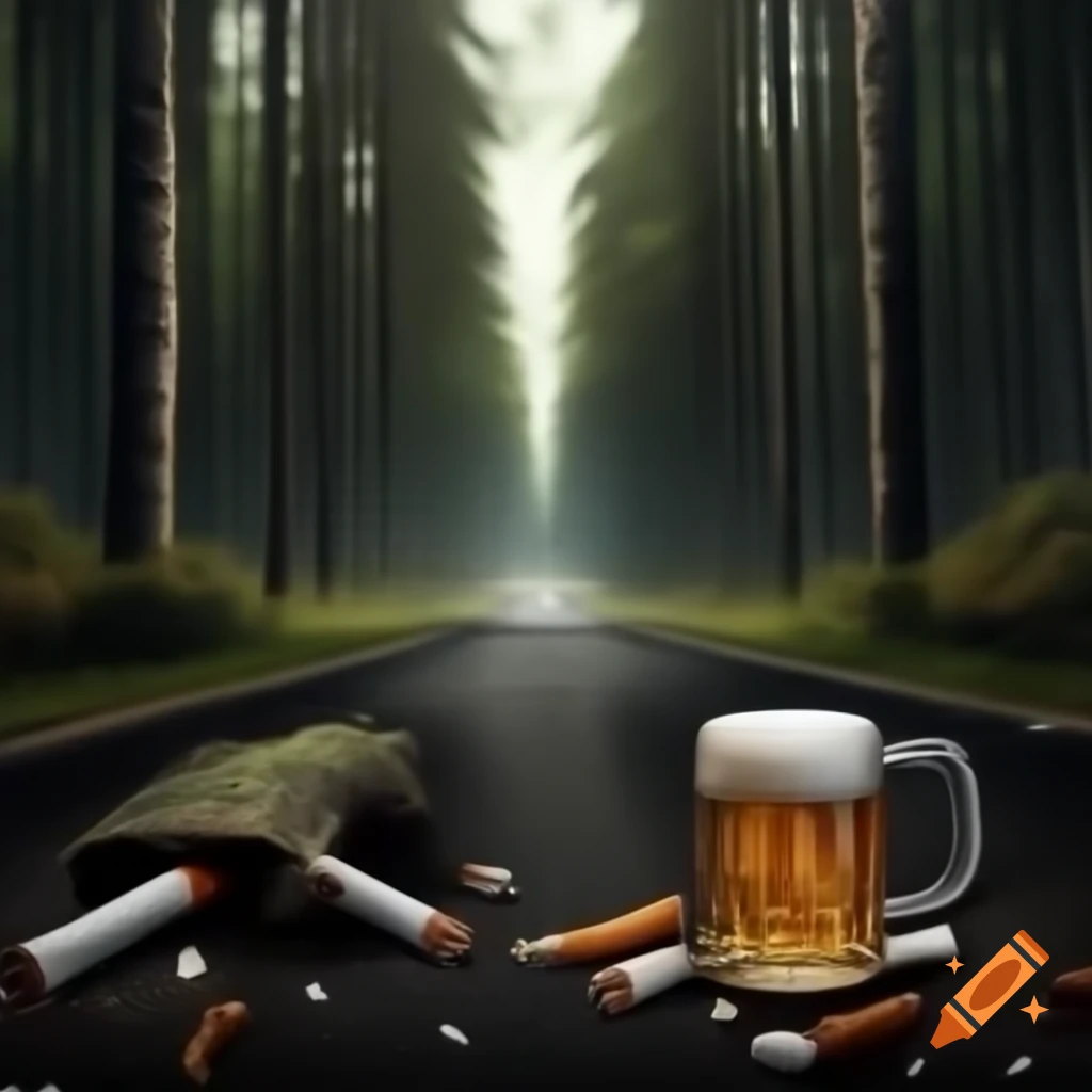 Forest road leading to dead end, surrounded by beer and cigarettes