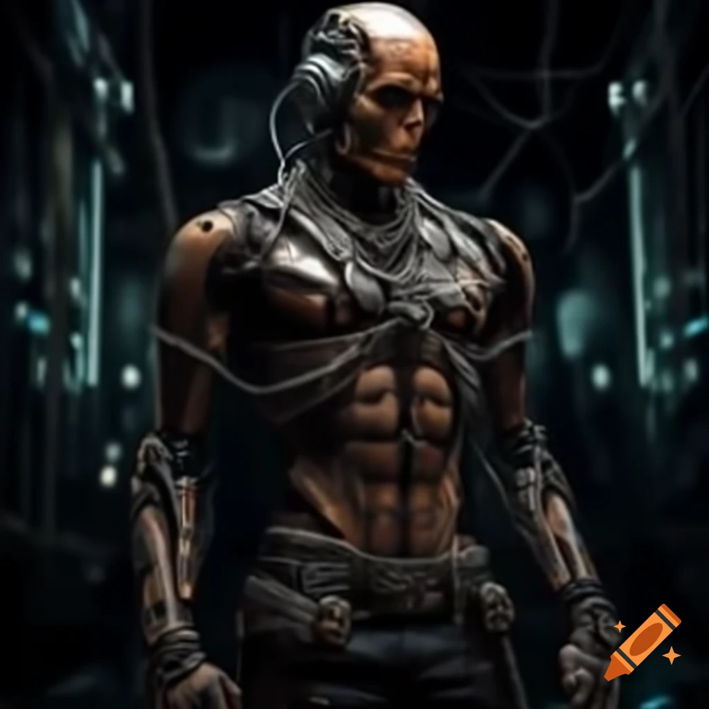 Cinematic front view of mechanical cyborg man in Goth fashion with chains and Black Tripp Shirt