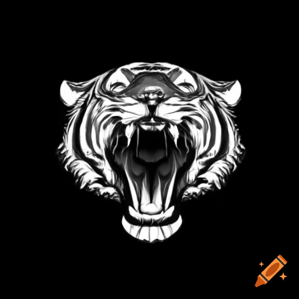 Ink drawing illustration of a roaring tiger head