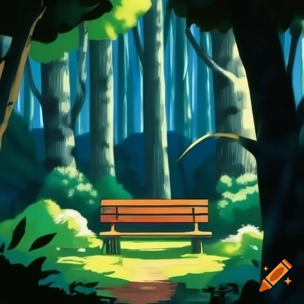 Lofi style bench in a serene forest setting