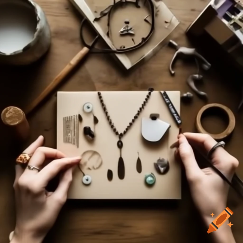 Close-up of hands crafting personalized jewelry with tools and beads on wooden surface