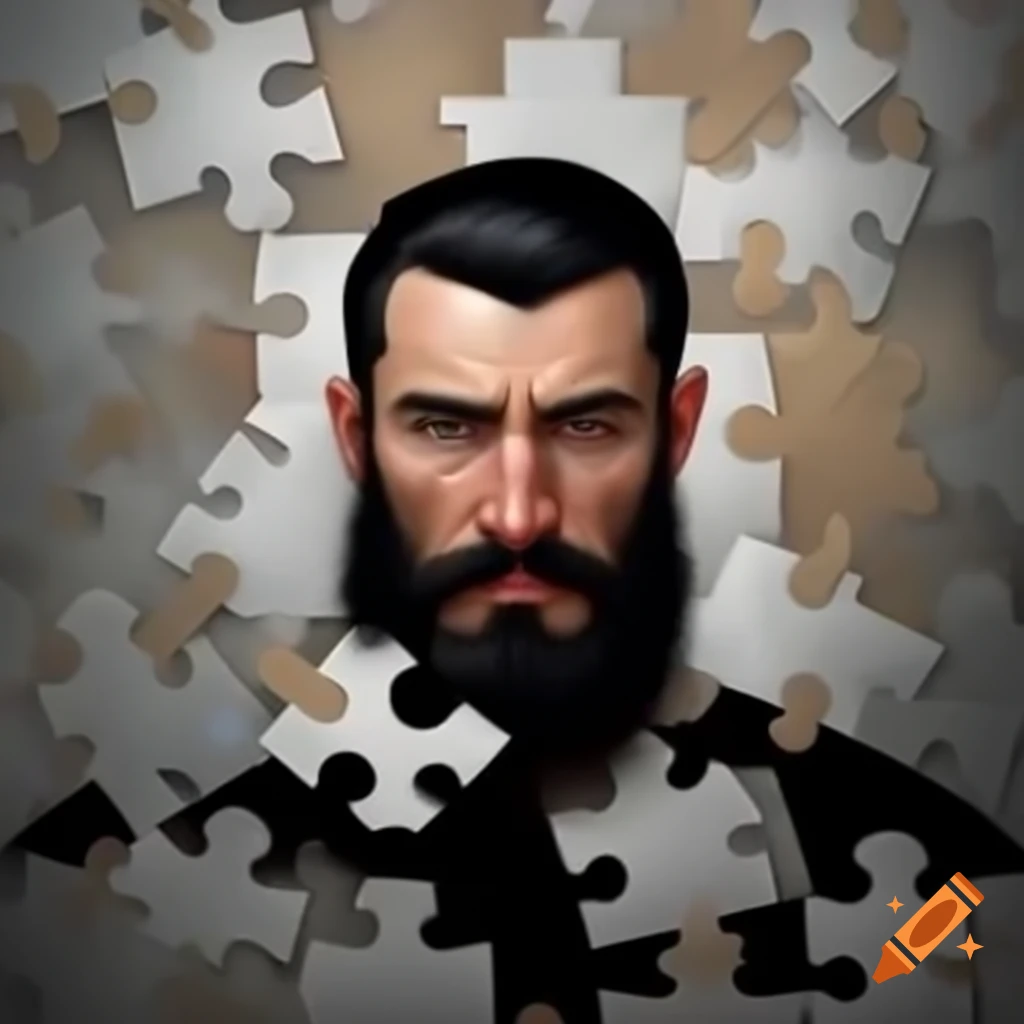 Man with black hair and beard solving a puzzle