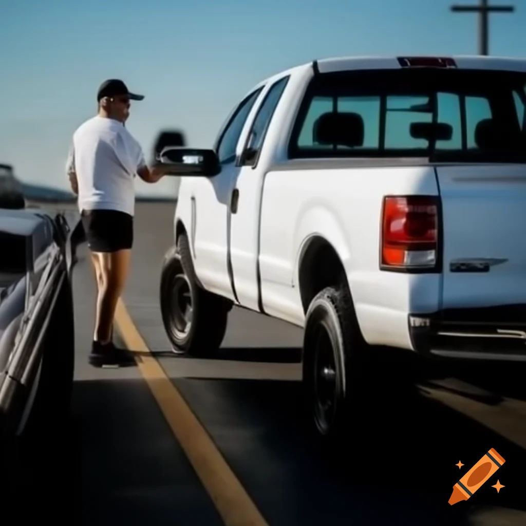Side view of a 2005 white Ford F150 pickup truck