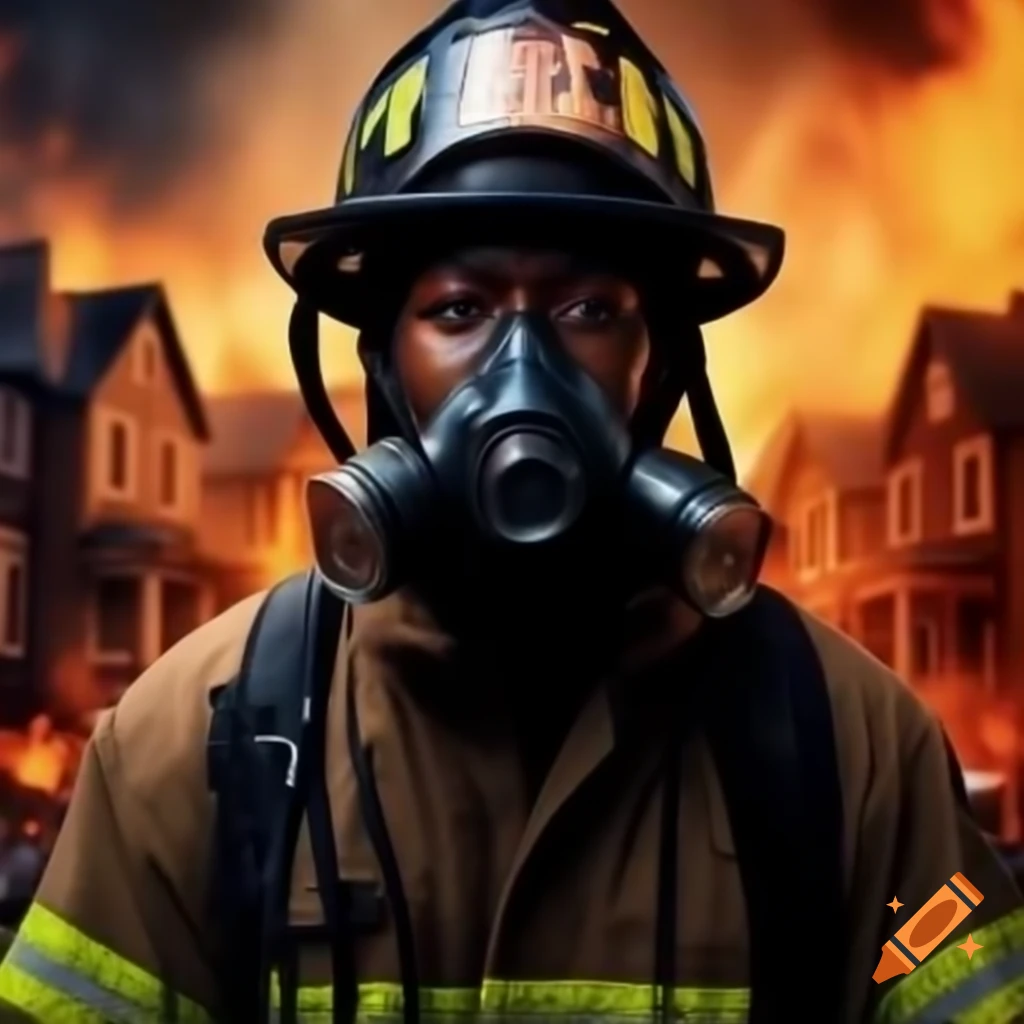 Young black firefighter with oxygen mask and burning houses in background