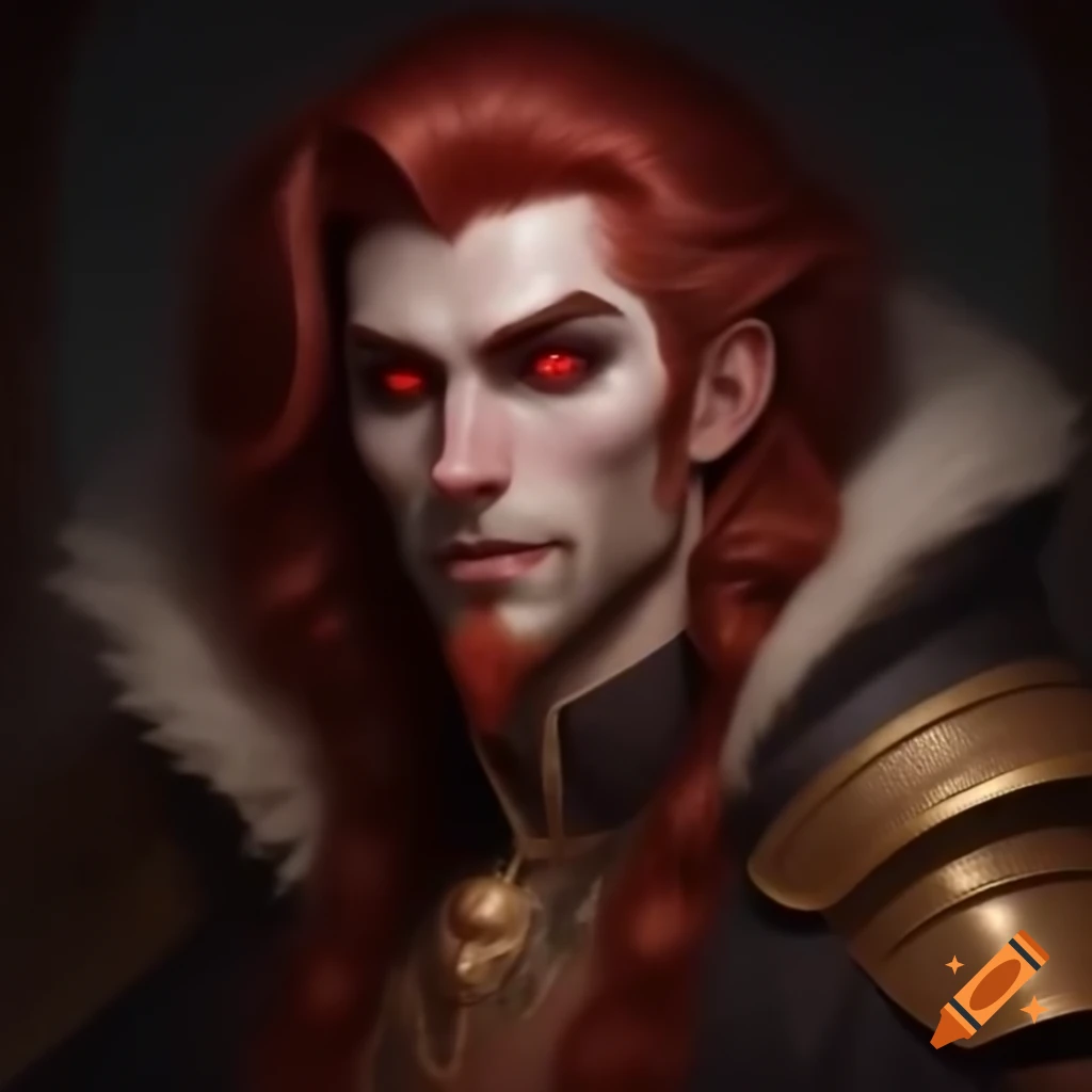Handsome young vampire in ornate chestnut robe and fur cape