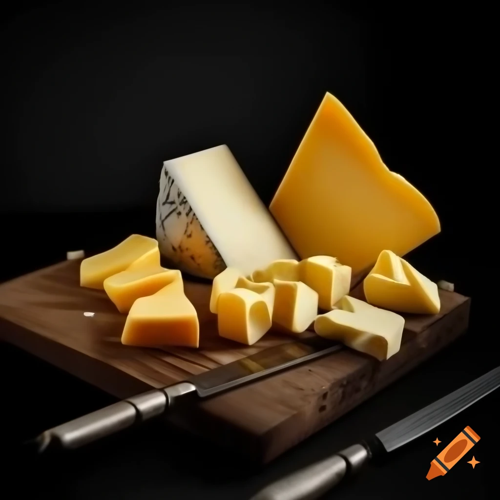 Artistic cheese arrangement with cheddar, mozzarella, and gouda on wooden board