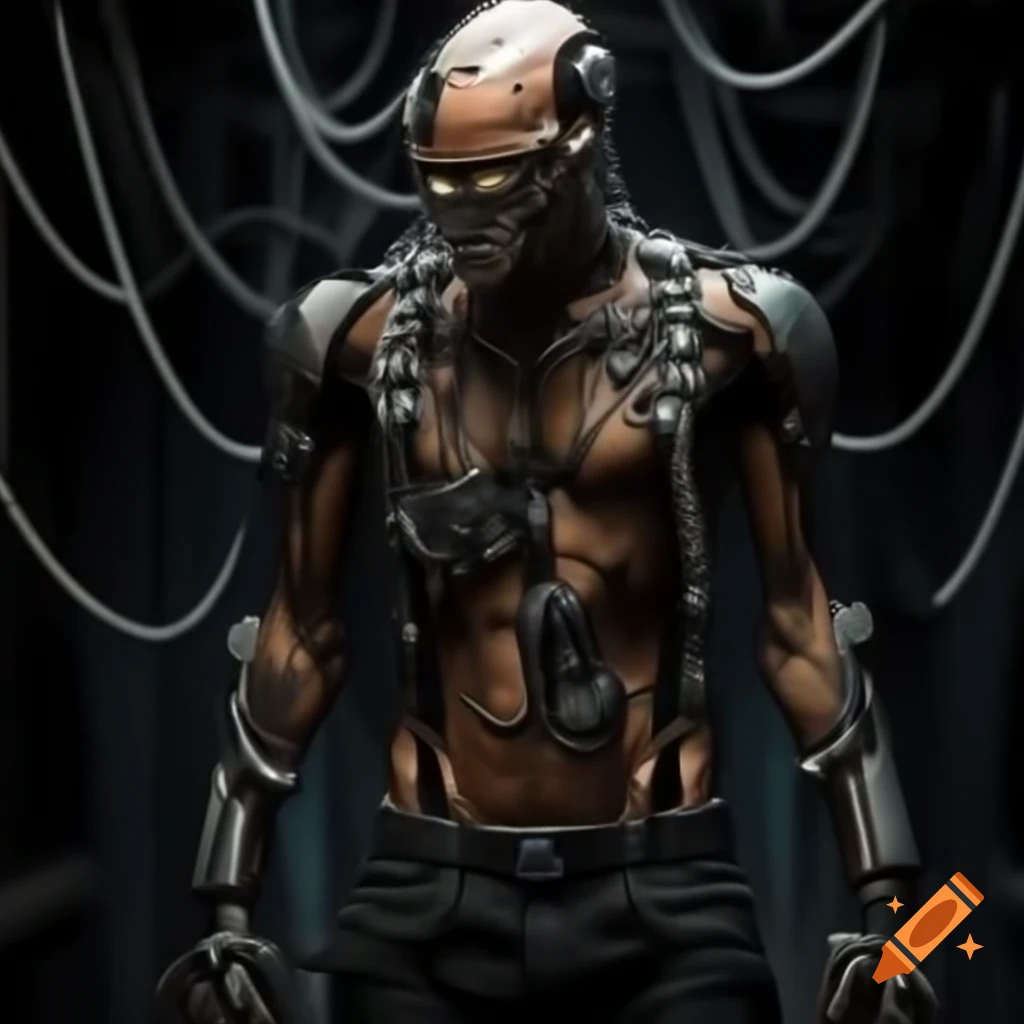 Cinematic front view of mechanical cyborg man in Goth fashion with chains and Black Tripp Shirt