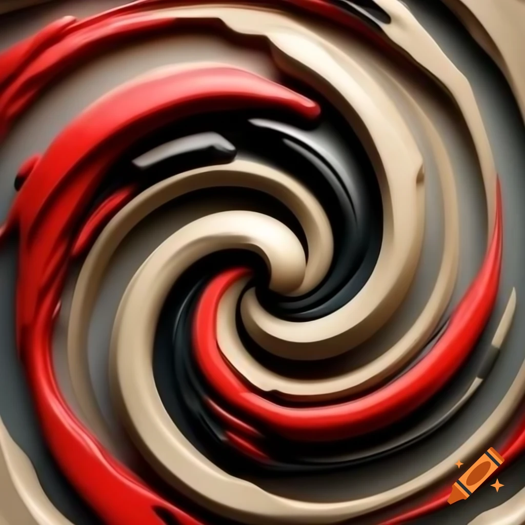 Dynamic 3D vortex of beige, grey, deep red, and black paint swirls in abstract liquid art