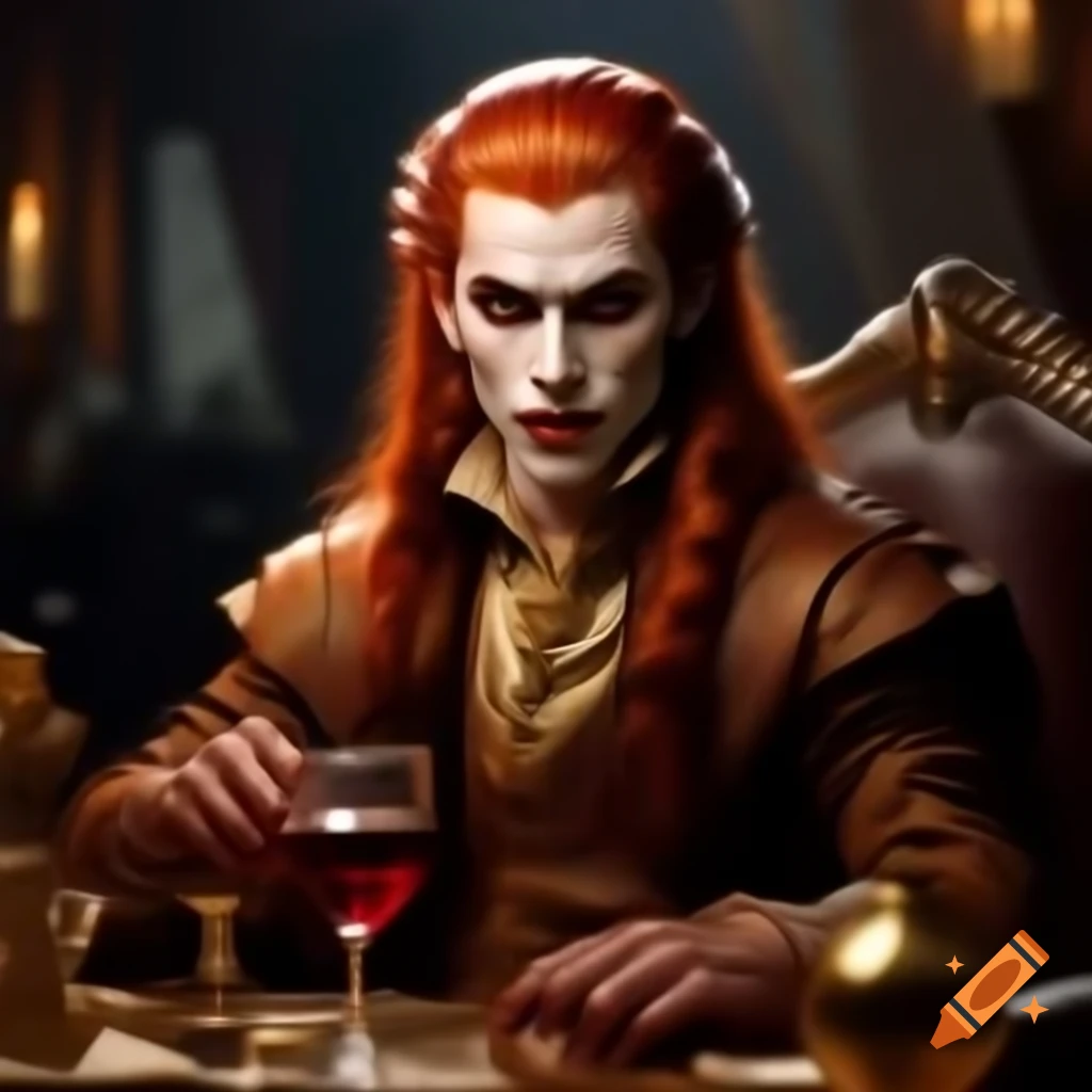 Handsome young vampire in ornate chestnut robe and fur cape