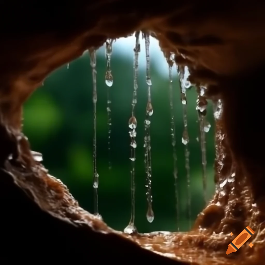 Crystal water drops dripping from cave wall