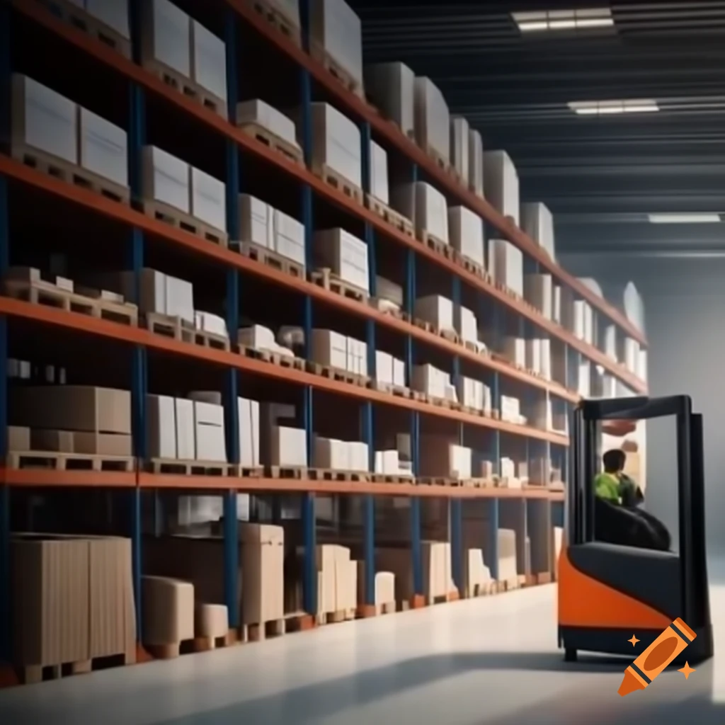 Modern warehouse interior with organized shelves and forklift in warm ...