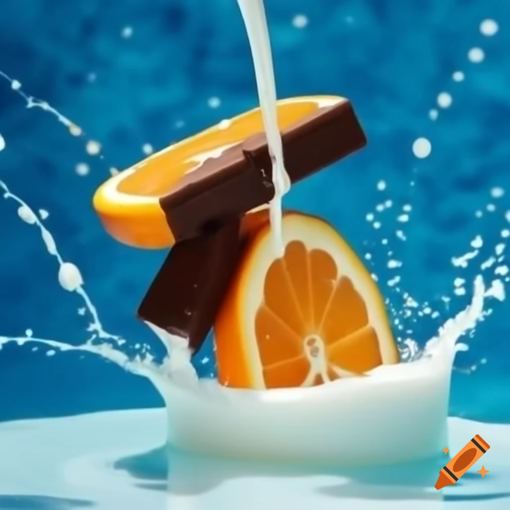 Slices of orange and chocolate bar falling into milk pool