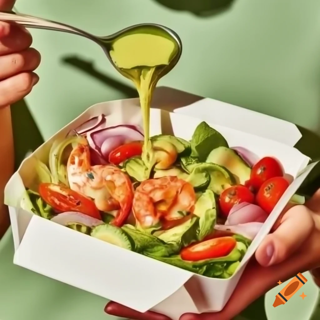 Healthy salad with prawn, avocado, cucumber, and lemon sauce pouring